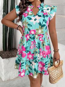 Breezaya Plus Size Women's Casual Loose V-Neck Flutter Sleeve Floral Print Dress, Suitable For Vacation, Commute And Daily Wear, Spring/Summer - Multicolor - View 5