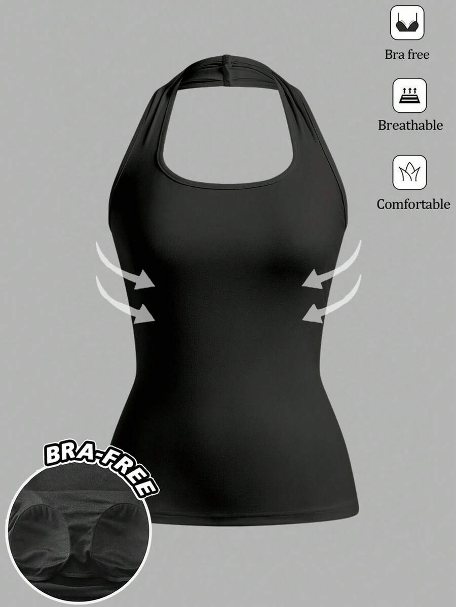SHEIN EZwear Tank Top Wanita Minimalis Warna Polos yang Modis dan Serbaguna - Hitam - View 1