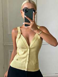 DAZY 女款純色V領無袖優雅夏季薄針織背心上衣 Y2K - 黃色 - 查看 5