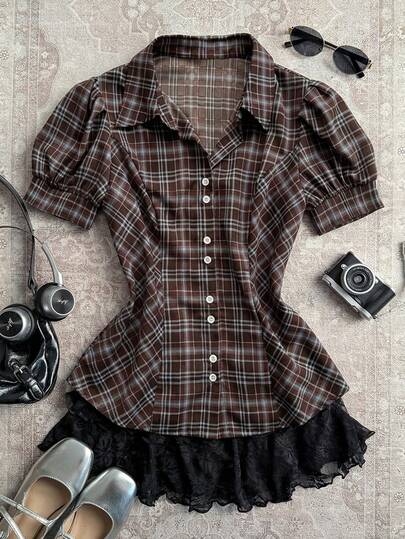 Attitoon Women's Casual Plaid Print Bubble Short Sleeve Shirt, Suitable For Daily Commute In Summer,Summer Outfit For Women,Winter Outfit For Women,Festival Outfits For Women,Party ,Wedding ,Beach,Graduation, Prom,Birthday,Elegant,Casual Outfit For Women,Vacation Outfits Women ,Y2K,Women's Country Clothing,Work Outfits For Women,Vintage,Plaid Blouse