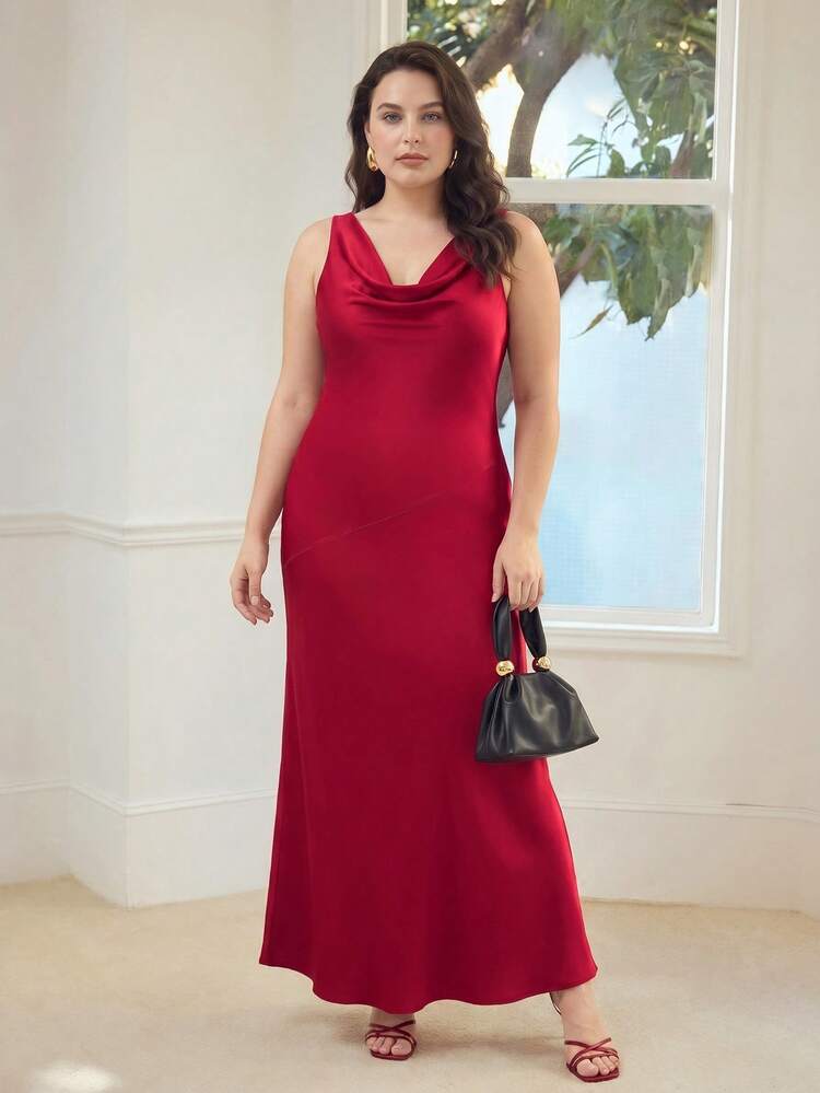 PLUS SIZE ELEGANT SLIMMING COWL NECK DRESS, SPRING/SUMMER