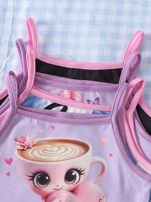 (Envío de 1 set aleatorio de 4 sets) Shorts con tirantes para niña, tela de punto con volantes, patrones lindos de conejo, figura y cuadros, pijamas suaves y cómodos, mejor regalo para niña - Blanco - Ver 5