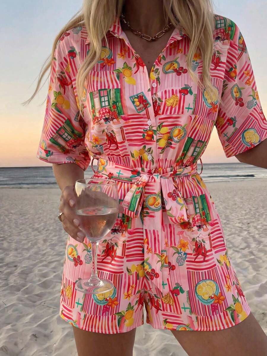 Vivid Eden Bộ jumpsuit nữ cài cúc phía trước, in họa tiết toàn thân, thắt nơ phía trước, kiểu dáng thường ngày, thích hợp cho kỳ nghỉ, váy maxi đi nghỉ mát, trang phục đi biển, quần áo đi nghỉ mát vùng nhiệt đới cho nữ, trang phục mùa hè cho nữ, mặc hàng ngày, thường ngày. - Hồng - Xem 1