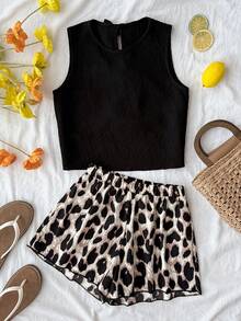 SHEIN Tween Girls 2pcs/Set Black Summer Cute Vacation Holiday Daily Wear Solid Woven Textured Round Neck Bow Back Crop Top And Leopard Shorts Set,Casual - Blue - View 2