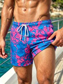 Manfinity Swimmode 夏季男士藍色花卉印花抽繩腰沙灘短褲，熱帶夏威夷度假泳褲，適合度假情侶 - 玫紅色 - 查看 3