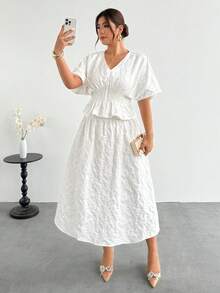 Firerie Plus Size Solid V-Neck Short Sleeve Top And Skirt 2-Piece Set, Elegant White Two Piece For Women Wedding Vacation Bride Guest Brunch Party Summer - Apricot - View 6