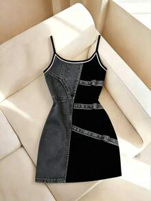 Franclia New Arrival Bestselling Denim Effect Print Regular Fit Women's Camisole Bodycon Mini Dress - Multicolor - View 4