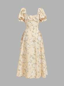 Vestido de longitud media con mangas de pétalo, cintura con lazo y unicolor para mujer - Amarillo claro - Ver 4