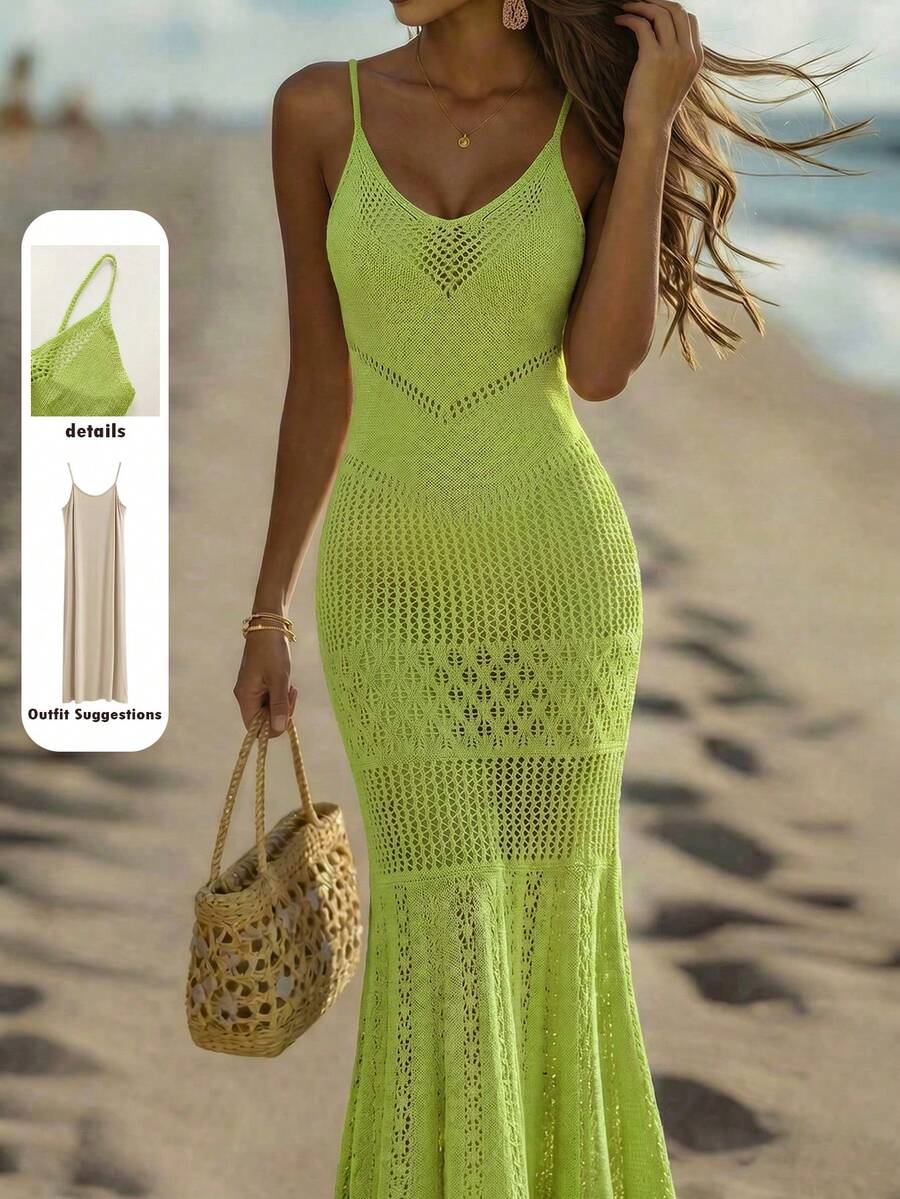 Breezaya Đầm hè mới cho nữ, đầm maxi dệt kim màu be, dây mảnh, cổ chữ V, họa tiết ren xếp tầng, eo ôm sát, vẻ quyến rũ nữ tính ven biển và phong cách thường ngày vượt thời gian. - màu xanh lá - Xem 1