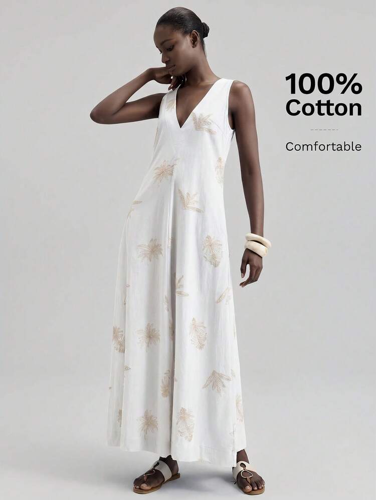 Women's White Animal Print,Summer,Elegant,Holiday,Vacation,Holiday Extra Long Dress,Sleeveless V-Neck Floral Jacquard Bohemian A-Line Beach Dress