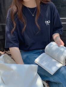 DAZY 女款蝴蝶結刺繡寬鬆短袖圓領T恤 夏季 - 藏蓝色 - 查看 7