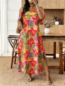 Breezaya Robe d'été à bretelles fines, manches courtes, ourlet fendu, grande taille, multicolore, printemps/été/automne - Multicolore - Voir 4