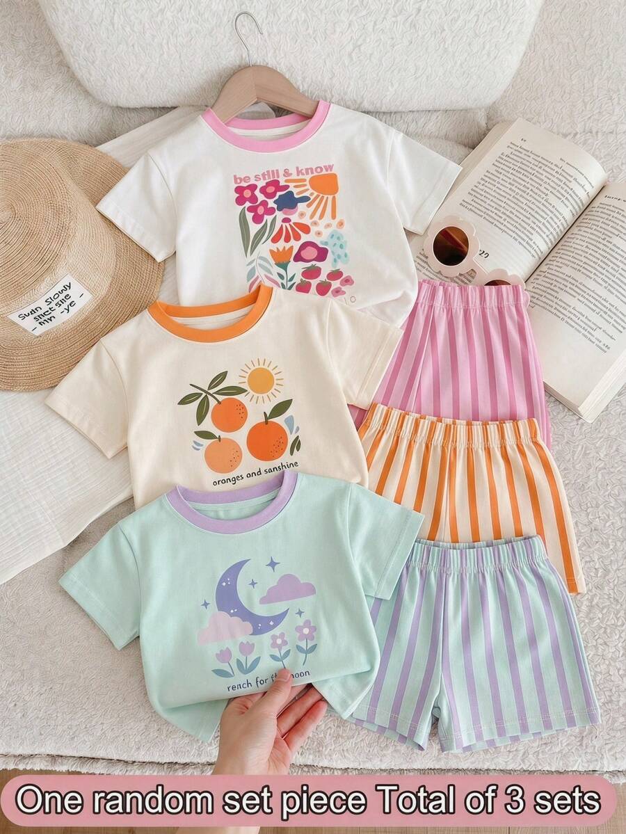 Baby Girl Casual Minimalist Round Neck Loose Short Sleeve T-Shirt And Skinny Bike Shorts Set, Suitable For Spring/Summer - Multicolor - View 1