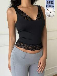 Aloruh Women's Sexy Square Neck Lace Patchwork Solid Color Black Camisole Top, Bohemian Style Vacation Sexy Vest - Black - View 4