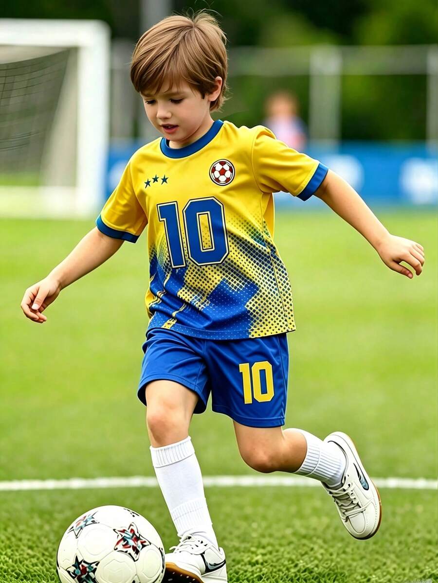 2pcs/Set Young Boys Summer Sports Outfit,Casual Comfortable Number 10 Football Logo Design,Contrast Color Versatile Outdoor Sports&Campus Gifts - Multicolor - View 1