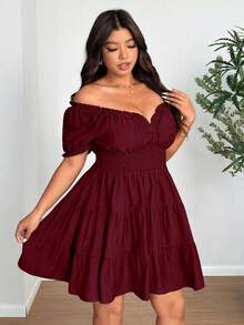 Vionelle Plus Size Elegant V-Neck Puff Sleeve Ruched Chiffon Dress - Burgundy - View 2