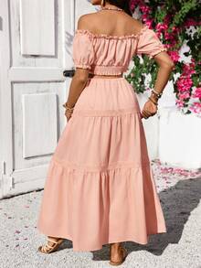 SHEIN Conjunto de 2 piezas de top hombros descubiertos y falda de unicolor simple para maternidad - Rosa - Ver 2