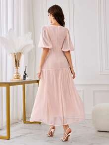 Modelyn Vestido de gasa con cuello cuadrado elegante azul francés, mangas de pétalo y bordado con efecto de empalme - Rosa - Ver 2