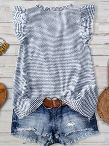SHEIN LUNE CURVE Áo kiểu nữ cỡ lớn cổ điển kẻ caro, chất liệu vải dệt, cổ chữ V, tay cánh hoa, viền bèo nhún, dáng ôm vừa vặn, kiểu dáng thường ngày. - Màu xanh lam - Xem 2