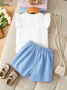 Elladie kids 4-7岁女童两件套：可爱蝴蝶结装饰串珠短袖上衣和松紧腰串珠开衩短裤，适合日常生活、派对和其他场合。 - 藍色 - 查看 2