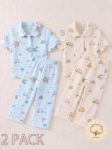 2pcs Baby Boy Casual Car Graphic Woven Short Sleeve Top And Relaxed Pants Set, Comfortable Outfit - Apricot - View 8