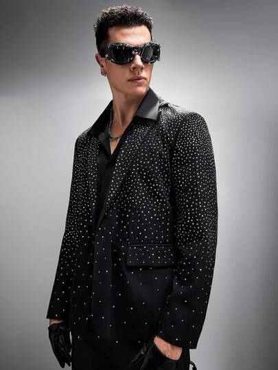 Zorclune Men's Business Casual Rhinestone Decor Single-Breasted Blazer, Lapel Neck Design For Added Style And Layering, Suitable For Commuting, Business, Parties And Formal Events. Great Gift For Boyfriends Or Husbands, Valentine's Day, Boyfriend's Gift For Gala Party Wear Modern Men's Jacket, Weekend Trips, Outdoor Activities, Travel Expeditions, Relaxed Work Environments Or Semi-Formal Occasions, Boyfriend/Husband Gift, Anniversary/Birthday Gift Party Summer Vacation Holiday New Years Wedding Valentine's Day Tuxedo