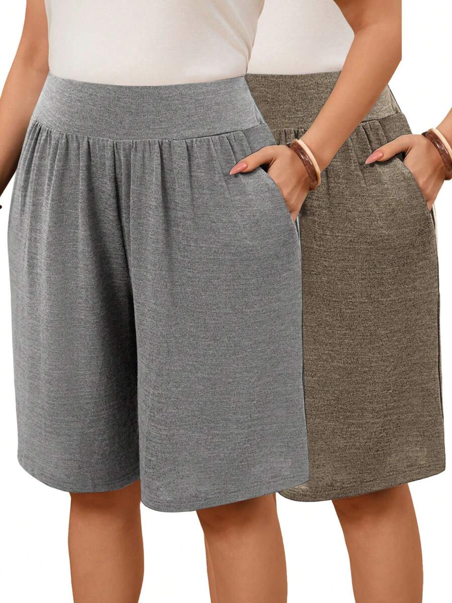 EMERY ROSE 2pcs/Set Plus Size Women Bermuda Shorts, Khaki + Grey,Summer Vacation - Multicolor - View 1