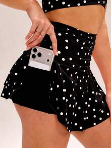 SHEIN Velisys Bộ 2 món chân váy thể thao nữ & quần váy, chân váy mini chấm bi xếp ly gấu quyến rũ thanh lịch chống hở - màu đen - Xem 4