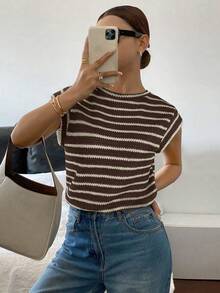 Siren Gaze Women's Brown Striped Stripe Stripe Stripe Stripe Print Round Neck Short Sleeve T-Shirt,Summer Topworld Cup Brunch Casual French Brunch Brunch Brunch - Brown - View 5