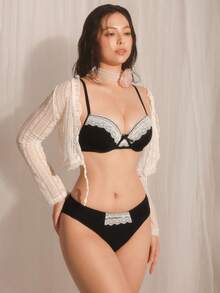 DelicateAllure 蕾丝网纱拼接文胸内裤套装，高支撑，提拉聚拢，可爱迷人女士内衣 - 黑色 - 查看 5