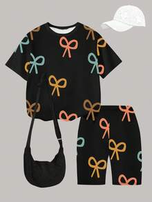 1 Set Baju dan Celana Pendek Sepeda Anak Perempuan Remaja Motif Pita Warna-warni Hitam yang Lucu, Pakaian Kasual Liburan Musim Panas untuk Sekolah dan Jalan-jalan - MultiWarna - View 3