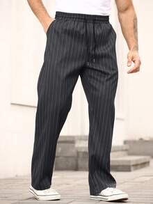 Manfinity Homme Celana Panjang Bergaris Kasual Pria, Celana Modis - asap abu-abu - View 6