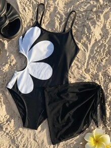SHEIN 少女碎花镂空连体泳衣罩衫带裙 - 黑與白 - 查看 1