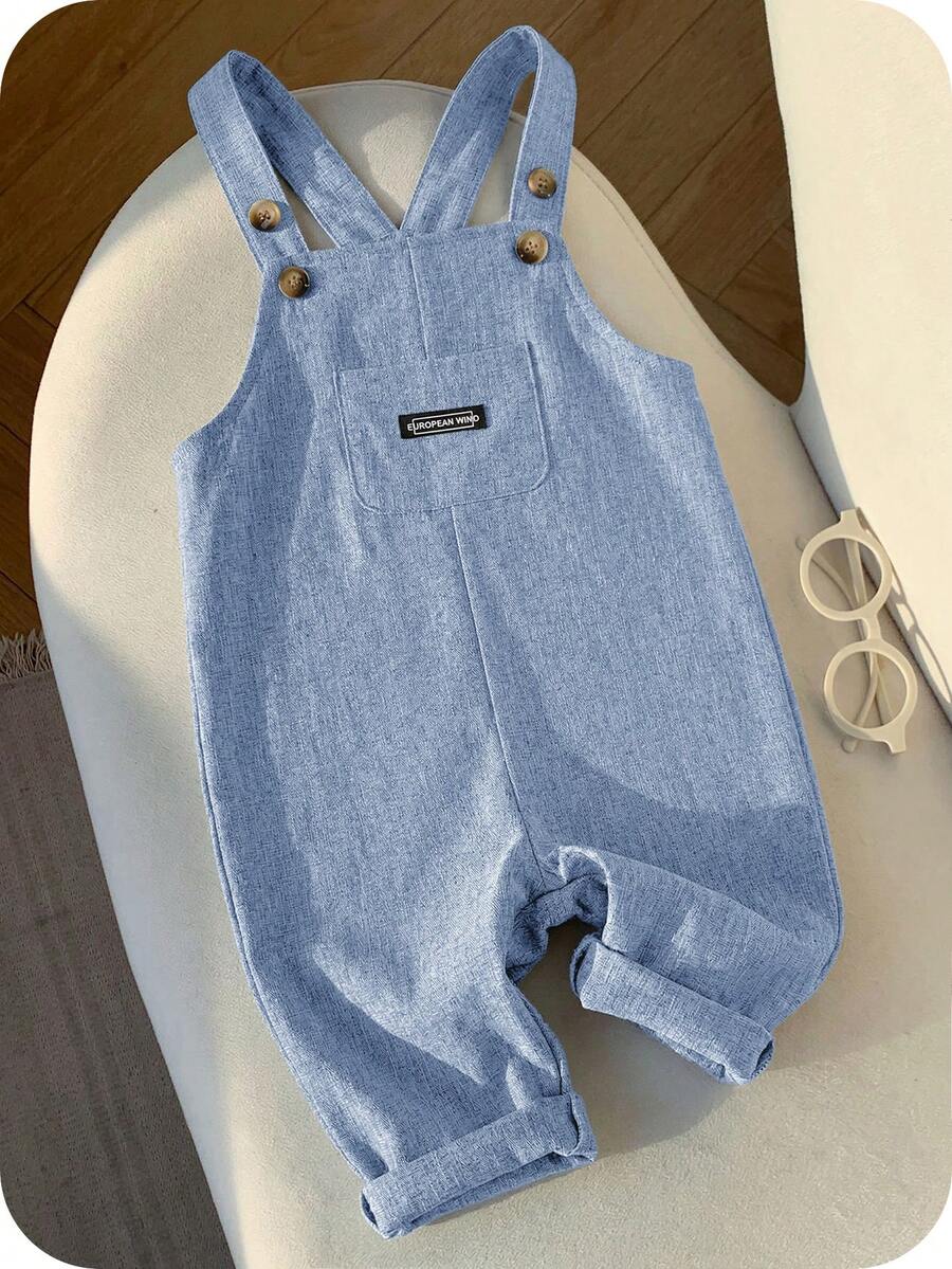 SHEIN Baby Boy Casual Cute Versatile Striped Cartoon Bear Pattern Bib Jumpsuit - Dusty Blue - View 1