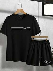 NEOREFINED Set Kaos dan Celana Pendek Kasual Pria Motif Garis-garis, untuk Liburan - Hitam - View 3