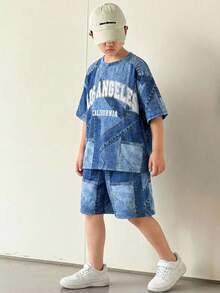 SHEIN Little Byeori 小男孩休閒韓系寬鬆字母藍色圖案圓領短袖T恤與短褲兩件套，適合通勤、上學、日常休閒外出、運動，春夏季穿著 - 藍色 - 查看 4