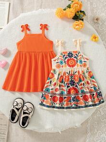 SHEIN Bộ 2 chiếc váy hai dây họa tiết hoa nhí dễ thương, ngọt ngào, phong cách retro cho bé gái, kiểu dáng thường ngày, phù hợp cho mùa xuân/hè, các dịp lễ, sinh nhật, hoạt động ngoài trời, mặc hàng ngày, đi nghỉ mát, dành cho bé từ 3 tháng đến 3 tuổi. - Nhiều màu - Xem 2