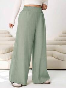 SHEIN CURVE+ Plus Size Women Solid Color Waist Drawstring Wide Leg Pants - Mint Green - View 6