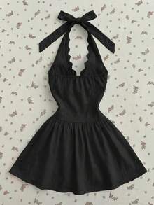 Elamini Women's Solid Color Arched Hem Front Tie Halter Mini Dress - Black - View 2