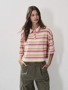 Nöista 短版條紋短袖 Polo 衫，附鈕扣門襟，適合夏季度假 - 粉色 - 查看 1