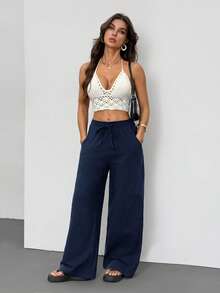 SHEIN Tall Quần nữ mùa hè/mọi mùa, phong cách đồng quê, đi xem hòa nhạc, đi biển, boho, tối giản, chất liệu 100% cotton, ống quần cong. - Màu xanh hải quân - Xem 5