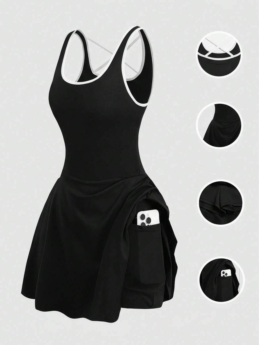 SHEIN Girlism Teen Girls' Black And White Contrast Knit Sleeveless Camisole Dress With Criss-Cross Back,Paired With Leggings For Summer Casual Holiday Sports & Yoga - Black and White - View 1