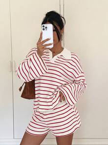 2026 Nuevo Conjunto informal de 2 piezas de camiseta de manga larga con hombros caídos y cuello de solapa a rayas y pantalones cortos para mujer - Rojo y blanco - Ver 4