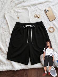 Comfortcana Quần short Bermuda nữ cỡ lớn, kiểu dáng thể thao thường ngày, chất liệu cotton nguyên chất, màu đen, có dây rút, dễ phối đồ, có túi, phong cách retro sinh viên, mang hơi hướng thể thao cổ điển. - màu đen - Xem 2