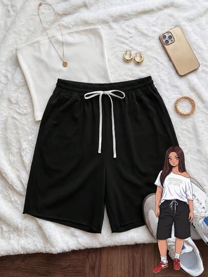 Comfortcana Plus Size Women's Casual Sports Style Pure Cotton Black Drawstring Bermuda Shorts, Versatile Matching, With Pockets, Retro College Style, Vintage Sports Vibe