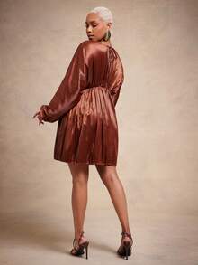 Vixey Solid Satin Cocoon Long Sleeve V Neckline Pleated Short Dress - Brown - View 2