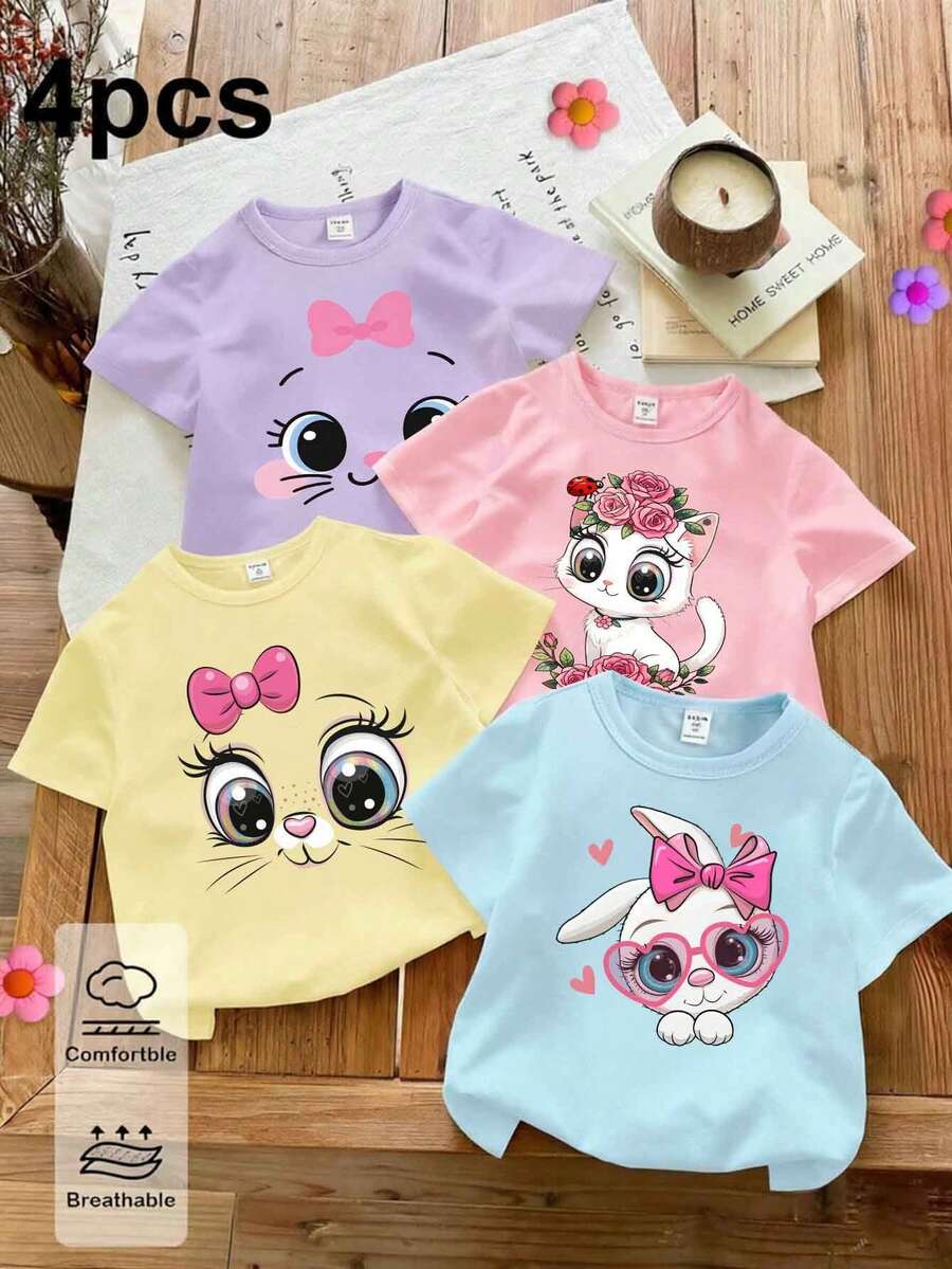SHEIN Vintaside Kids 4件套女童休闲时尚创意简约可爱小猫、蝴蝶结、花朵、爱心、眼镜图案印花短袖T恤,紫色、粉色、黄色、蓝色可选,舒适日常穿着,适合温暖的夏秋款式 - 彩色 - 查看 1