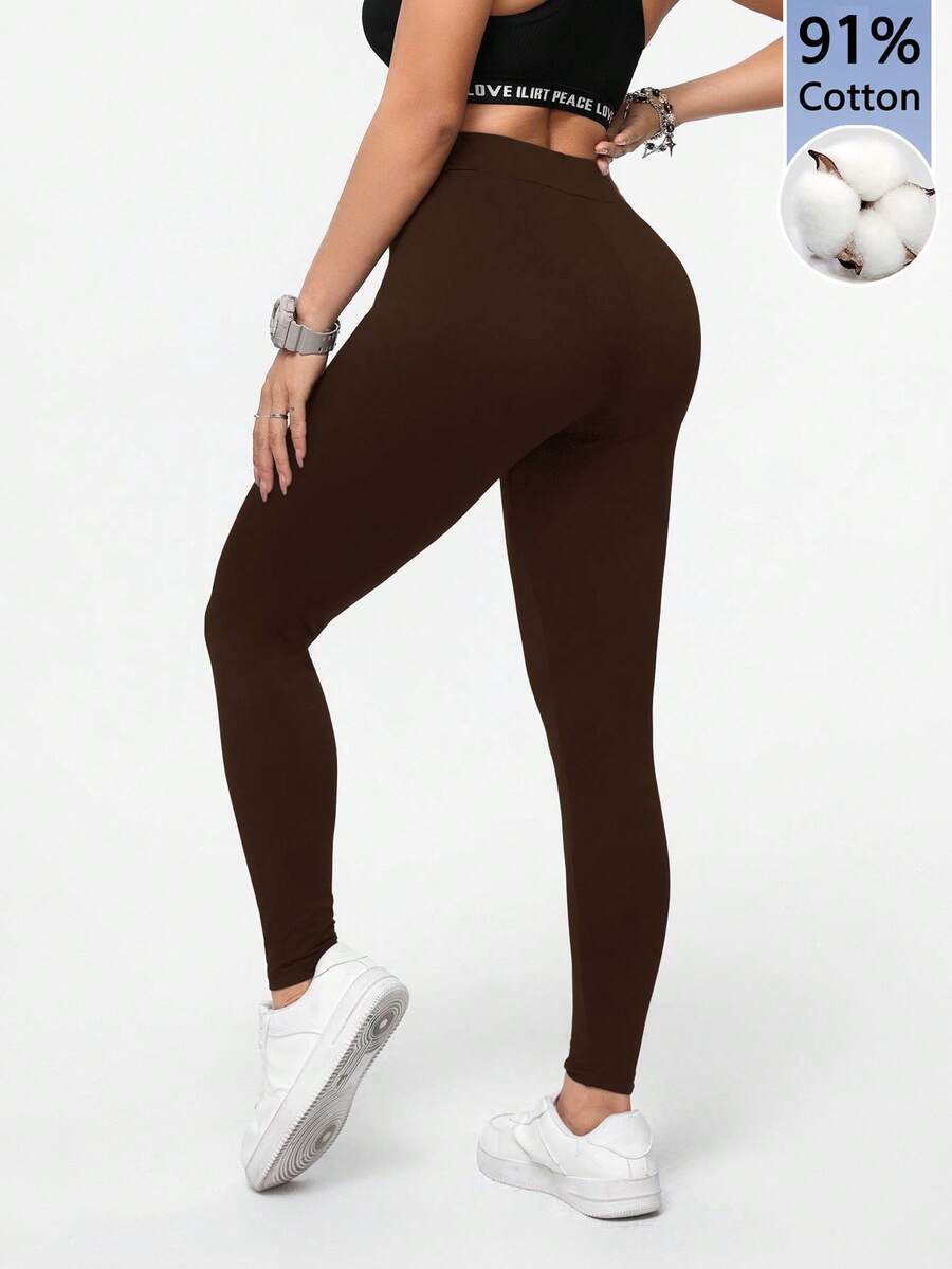 SHEIN Essnce 97%棉休闲运动针织紧身裤，长款，深棕色 - 棕色 - 查看 1