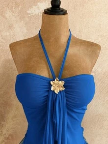 Soleia Camiseta asimétrica con decoración de conchas marinas, adecuada para vacaciones en la playa, verano - azul real - Ver 4