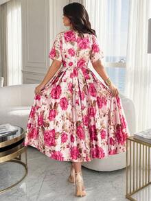 SHEIN Lady CURVE Đầm nữ cỡ lớn in hoa, cổ tròn, tay ngắn, thiết kế xếp ly, thanh lịch. - Hồng - Xem 2